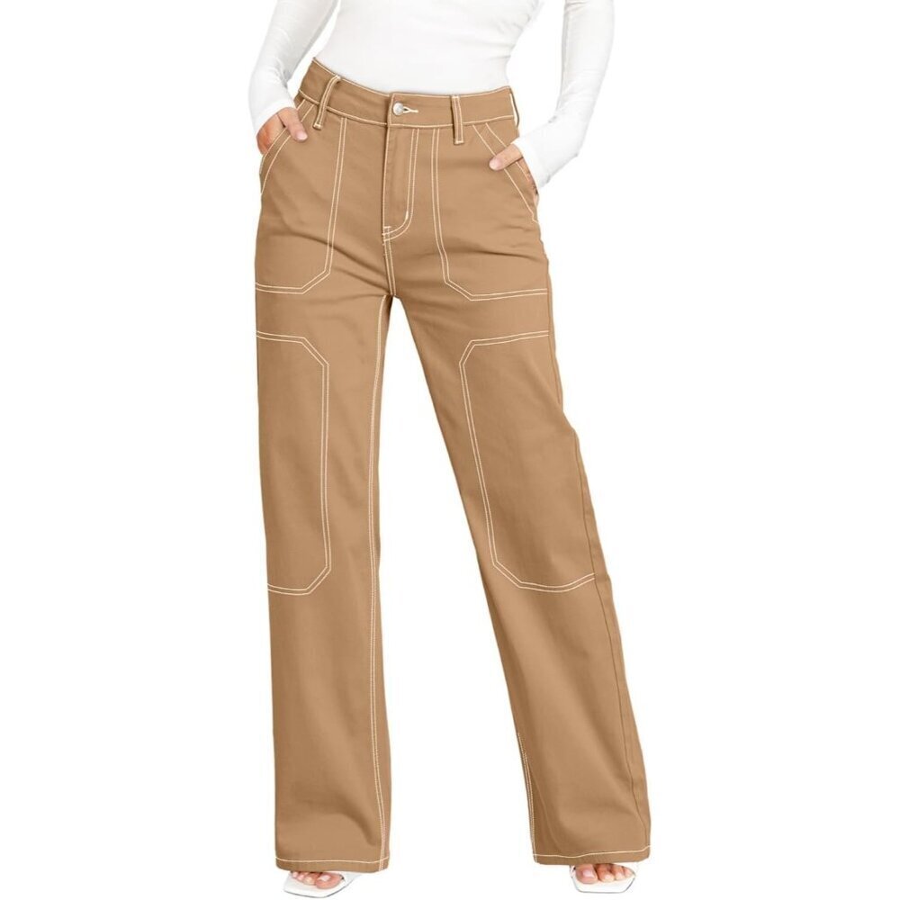 Women's Khaki Casual Mid Waist Stretch Button Wide Leg Denim Cargo Pants